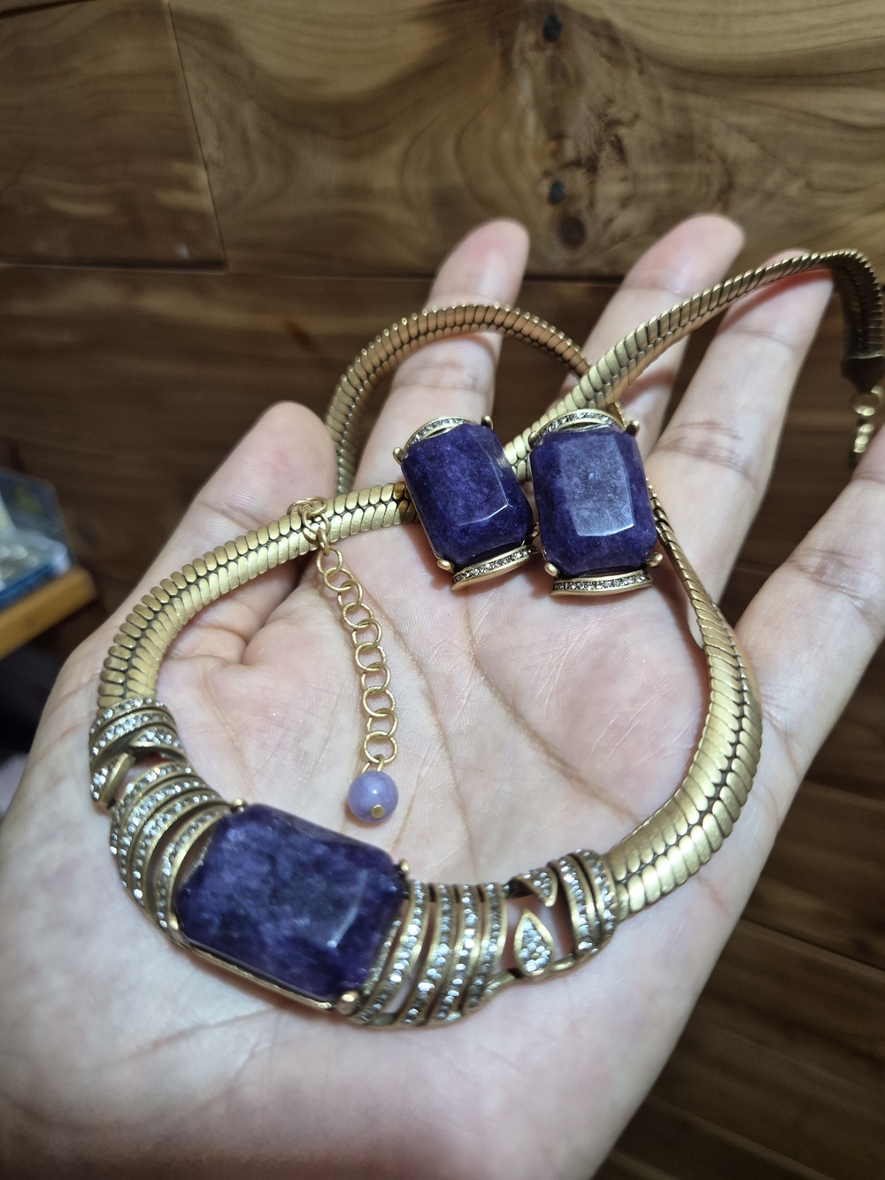 Gold Brass Necklace and Earrings Set with Navy Blue Gemstones